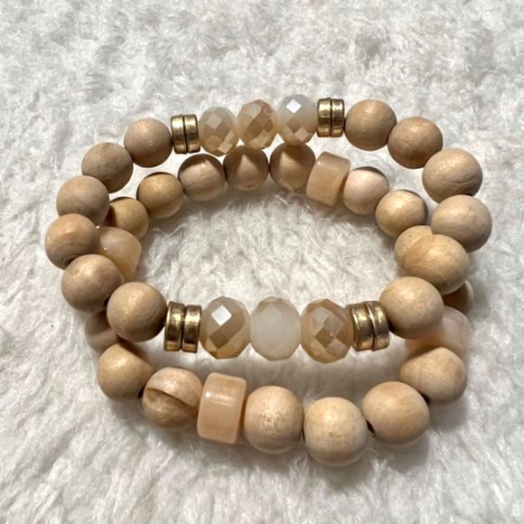 Lot of 2 Wood Beads & Faceted Beads With Gold Tone Spacers Elastic Bracelets - Picture 1 of 4
